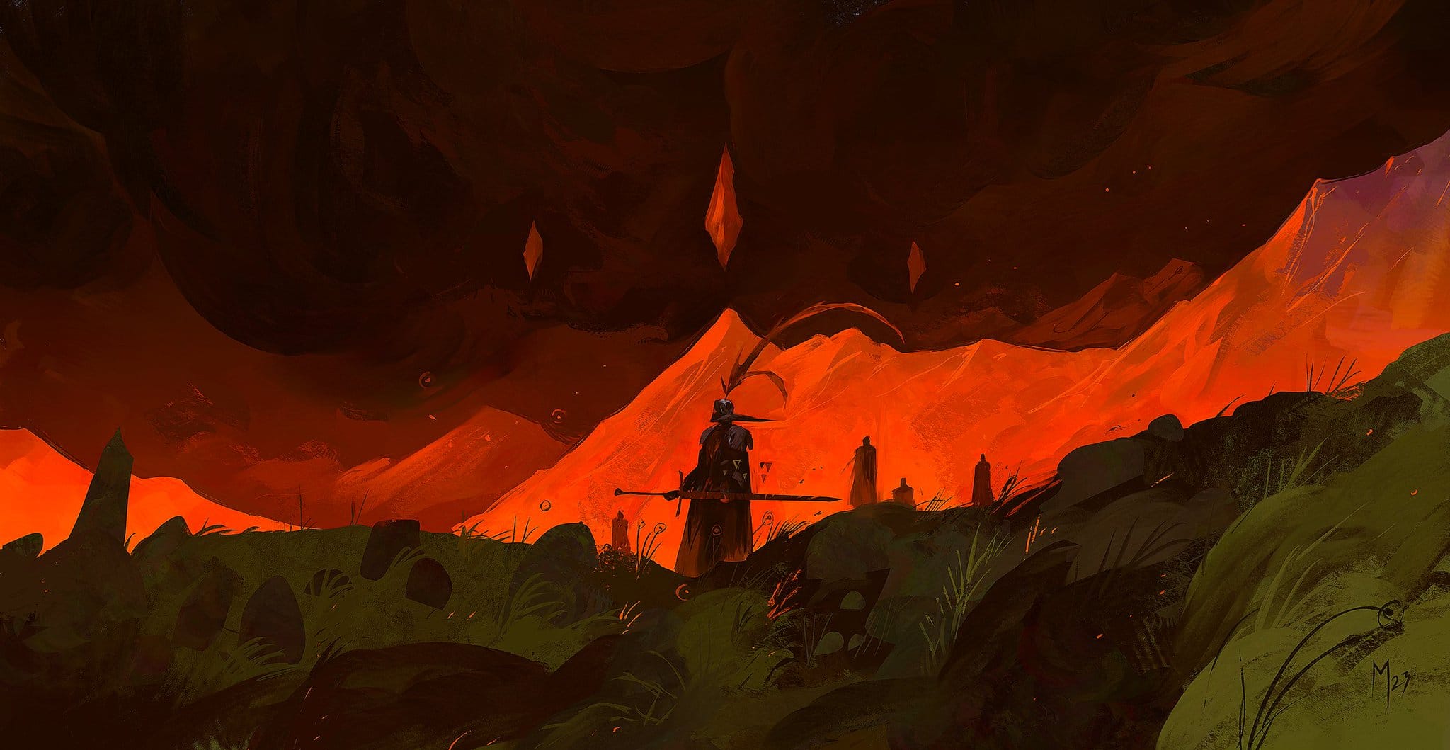 the digital painting depicts a lone knight in dark armor standing amidst a desolate landscape bathed in fiery orange and red hues.  the knight holds a sword and seems to be gazing towards a mountain range that is glowing intensely. above, a dark, almost shadowy entity or cloud hangs ominously.  the foreground features sparse vegetation and what appear to be tombstones or markers, adding to the somber and foreboding atmosphere. the overall style is dark fantasy, with a strong emphasis on mood and atmosphere. the painting is rich in detail and uses a painterly style to evoke a sense of depth and emotion.