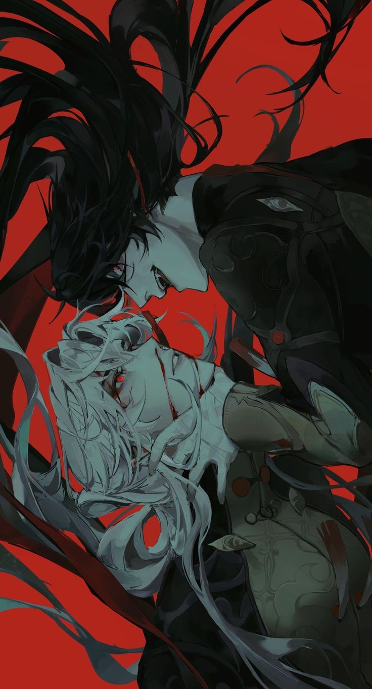 two men with long flowing hair, one darkhaired and the other whitehaired, are locked in a fierce struggle against a vibrant red background. their expressions are intense, with sharp eyes and determined grimaces.  the darkhaired man is positioned above, his hand gripping the other's throat, while the whitehaired man reaches up, seemingly to retaliate. the art style is reminiscent of anime or manga, with a focus on dynamic posing and detailed clothing. the lighting is dramatic, highlighting the tension of the scene.