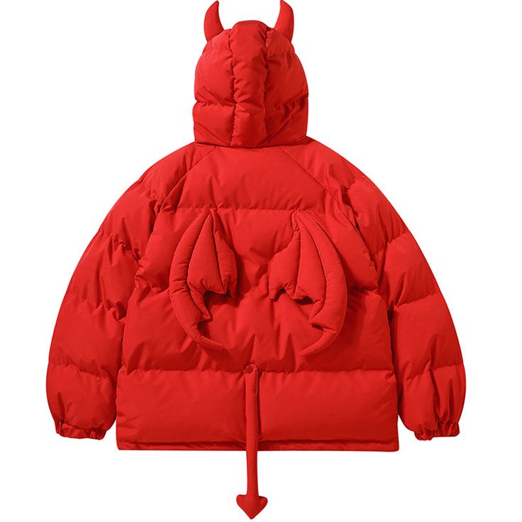 a bright red puffer jacket with a devilinspired design. it features a large, oversized hood with horns, wings on the back, and a tail. the jacket is warm and casual, perfect for winter.