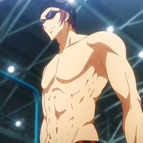the image shows a muscular anime character with reddishbrown hair and dark sunglasses standing poolside. he has a confident and determined expression. he's wearing black swim trunks with a red design and a black swim cap. his muscles are welldefined, highlighting his athletic physique. the lighting is artificial and bright, typical of an indoor swimming pool. the perspective is from a low angle, making him appear taller and more imposing.