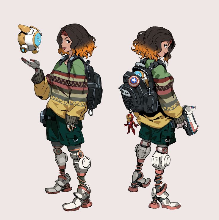 the image shows a digital illustration of a young woman with orange and brown hair, styled in a casual, cyberpunk fashion. she wears a patterned sweater, dark green shorts, and robotic leg braces. she's depicted twice, once in a threequarter view from the front, interacting with a small, round robot, and once in a threequarter view from behind.  she carries a backpack adorned with an american flag patch and an iron man keychain.  her style blends casual elements with futuristic robotics, creating a unique and visually appealing character design. the art style is reminiscent of anime or manga, with dynamic lines and vibrant colors.