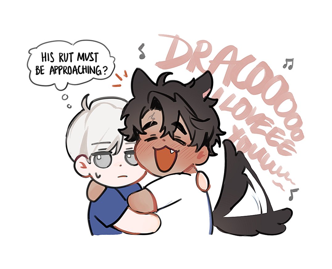 he image is a digital drawing, possibly fanart, in a chibi style. it depicts two boys, one with white hair and one with dark hair and cat ears, hugging each other affectionately. the darkhaired boy is emitting "love" sounds. a thought bubble above the whitehaired boy says "his rut must be approaching?". the overall style is cute and playful with a focus on expressing romantic feelings.