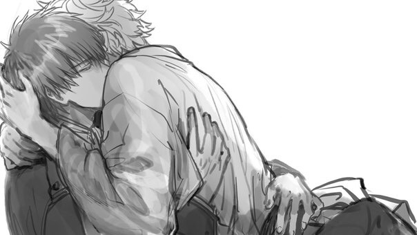 a drawing of two anime boys hugging each other. the one on the bottom is facing the other, and the one on top is turned away from the viewer. both have their heads resting against the other's shoulder and are in a pose that seems to express sadness or depression. the drawing is done in black and white, and the lines are somewhat rough and unpolished, giving it a casual and sketchlike feel.