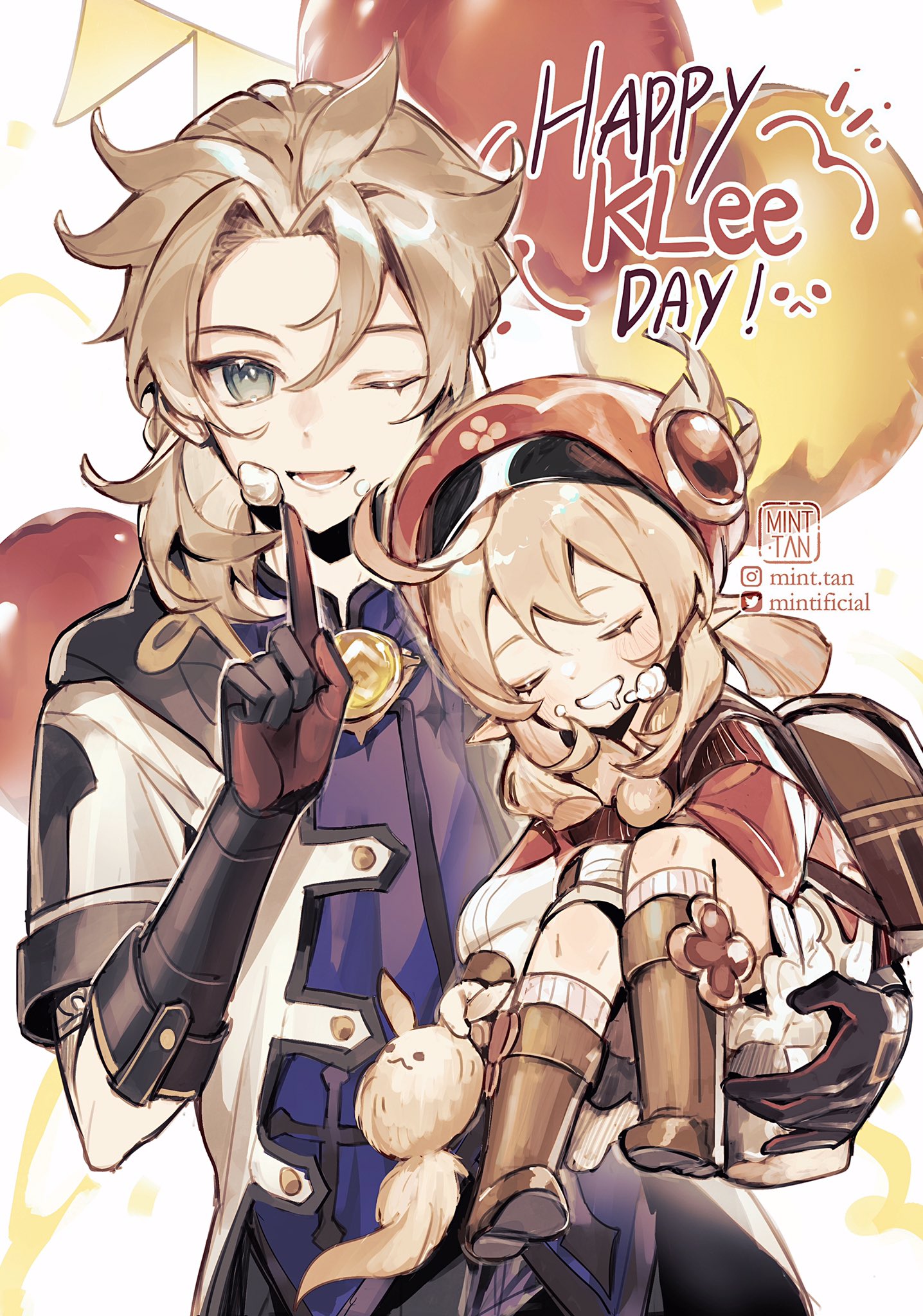 a digital illustration of albedo from genshin impact, holding a chibi version of klee, with the caption "happy klee day!"  the two are standing in front of a yellow and red balloon backdrop.