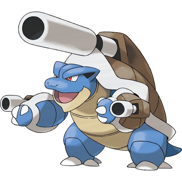 this image is a depiction of blastoise, a pokémon character.  it's a blue, turtlelike creature with large cannons mounted on its shell. blastoise is shown in a dynamic pose, seemingly ready to attack, highlighting its powerful and aggressive nature. the artwork style is consistent with official pokémon character designs, clean lines, and bright colors.