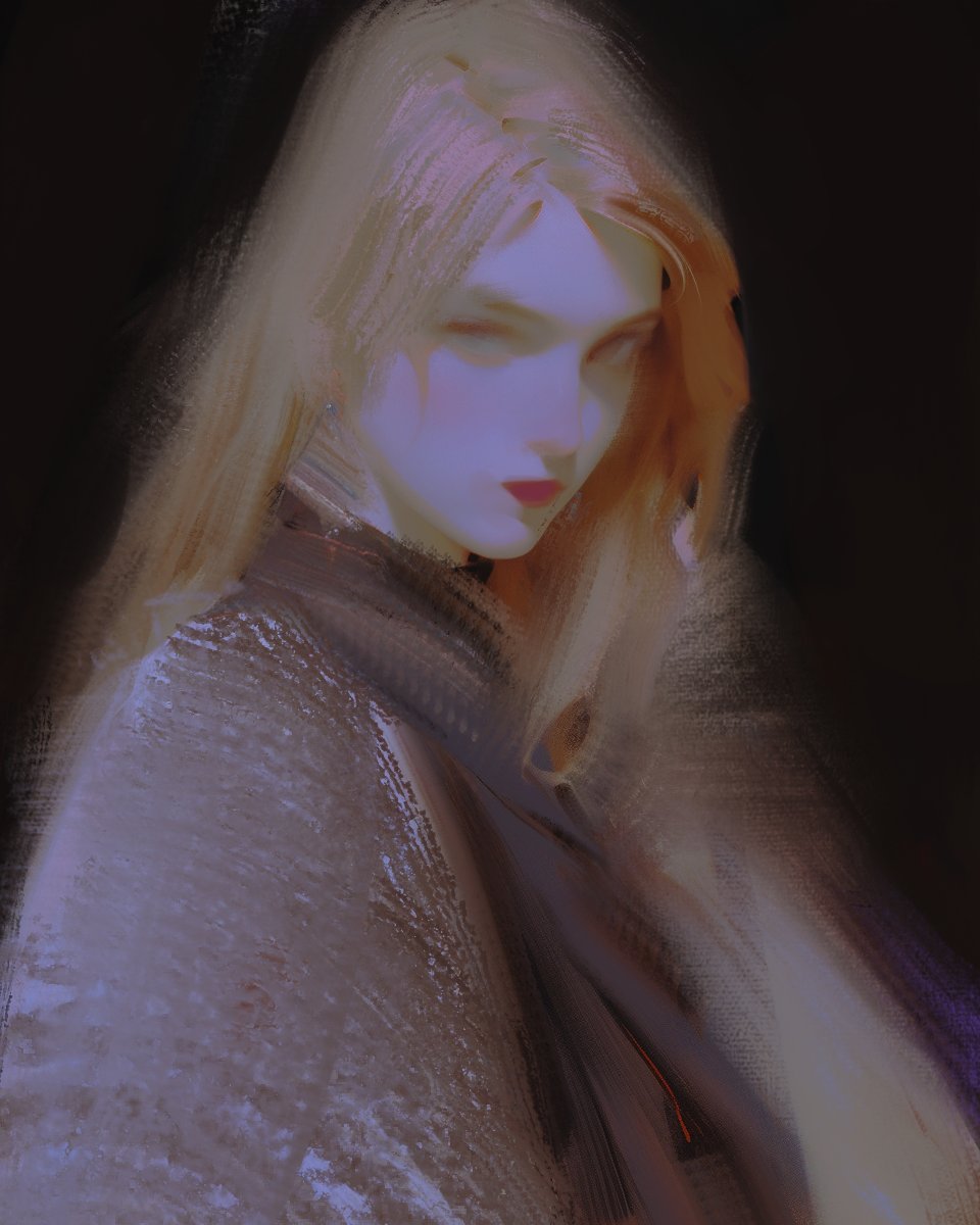 this digital painting depicts a portrait of a woman with long, flowing blonde hair. her face is partially obscured by shadows, creating a sense of mystery. she is dressed in a dark, flowing cape that appears to be made of soft, textured fabric. the painting's muted color palette and blurred brushstrokes contribute to an atmospheric and dreamy mood. the woman's soft features and alluring gaze suggest a sense of femininity and enigmatic charm.