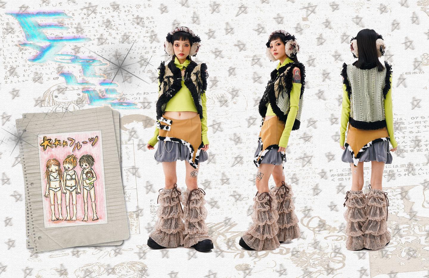he image is a fashion collage featuring three young women modeling a similar outfit.  each woman is wearing a lightcolored knitted vest over a limegreen top and a multilayered skirt (brown, grey, and white). they also wear layered, ruffled beige boots and earmuffs.  one of the women faces the camera, while the other two are in profile. the background is a collage of handwritten notes, drawings, and doodles in a japanese and possibly english mix, creating a layered, textured, and almost grunge aesthetic. a notebook page with a cartoon drawing of three girls in swimsuits is included in the collage, further contributing to the layered and multifaceted visual design. the overall style is a blend of y2k, harajuku, and kawaii fashion elements.