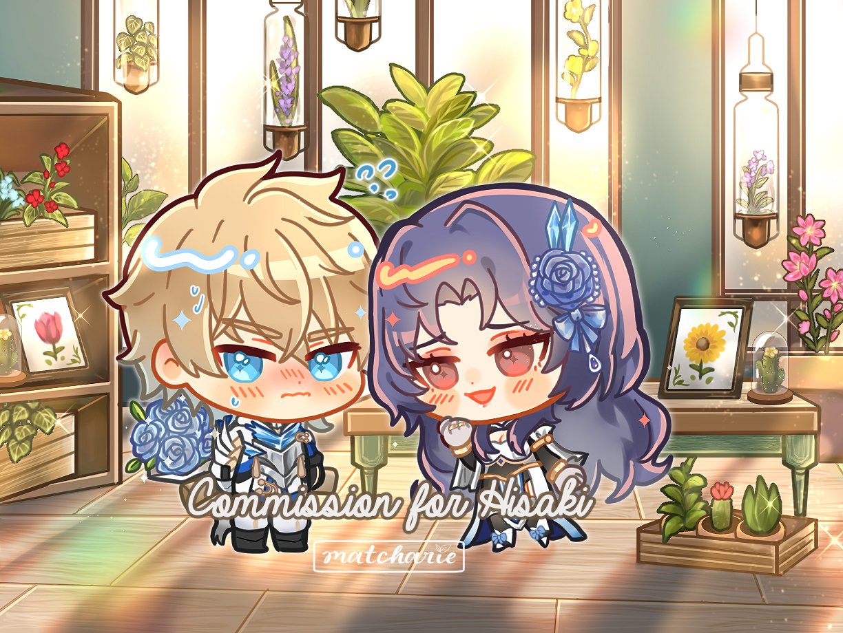 the image is a cartoon drawing of a cute anime couple standing in a flower shop. the boy is on the left and has blond hair, he is blushing and holding a bouquet of blue roses. the girl is on the right, she has purple hair with a blue flower accessory, and she is smiling. the shop has wooden shelves with various floral arrangements and pictures of flowers. there are flowers and plants throughout the shop, including cactus in pots on the bottom right. the image is drawn in a vibrant, colorful style, with soft, rounded lines. the overall feeling of the image is sweet and charming. the words "commission for hisaki" and "matcharie" are written on the image.