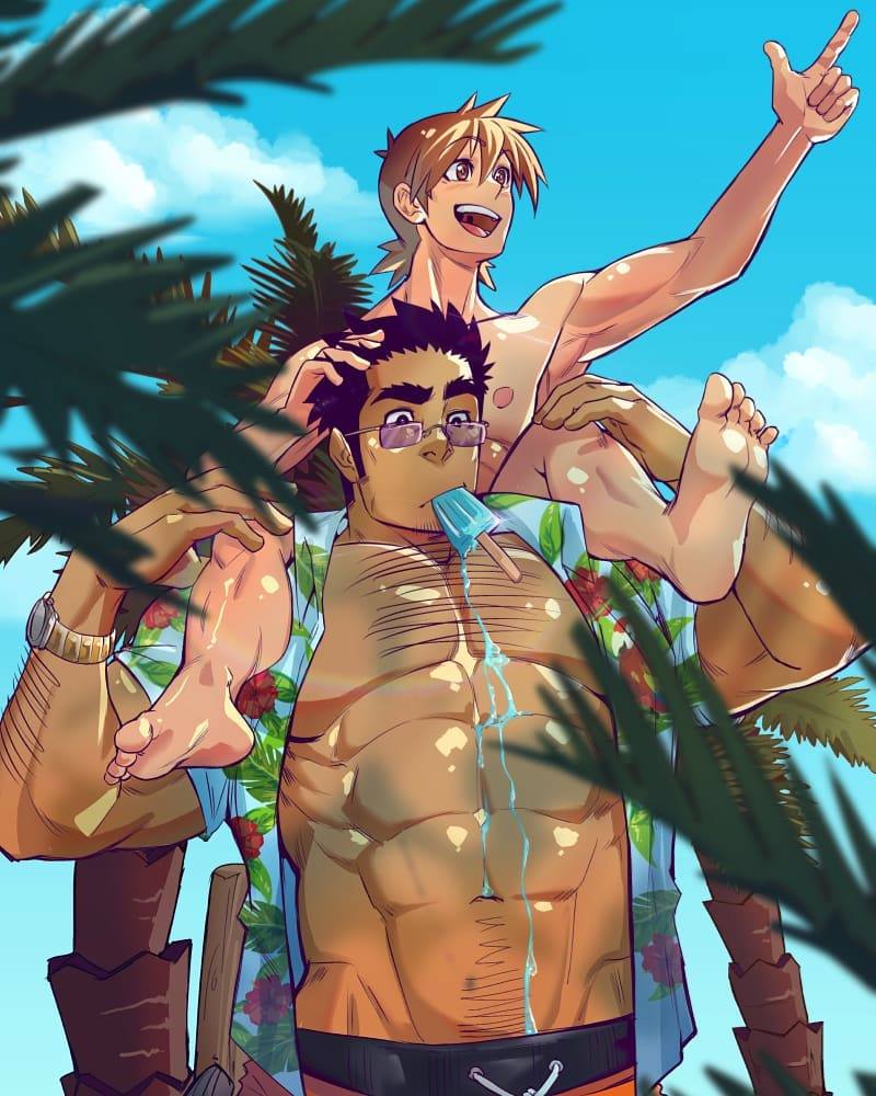 two men are enjoying a summer day at the beach, the one in front is holding the other man on his shoulders. the man on his shoulders is shirtless and wearing swim trunks and is pointing up at the sky while smiling. the man holding him has his arms around him and is looking at the camera. he is wearing a tropical shirt that is unbuttoned. both men are smiling and appear to be happy.