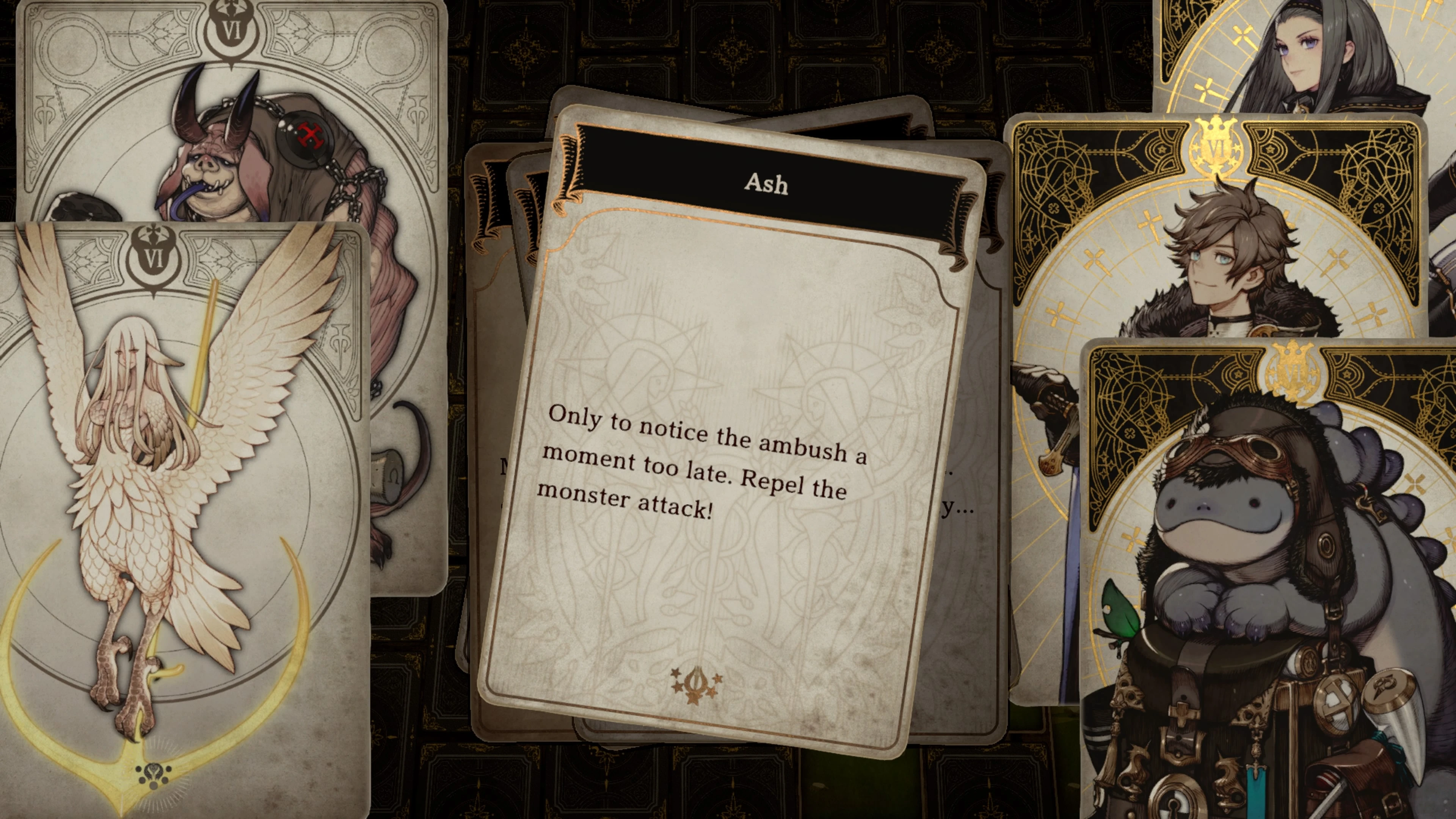 the image shows a closeup view of several cards from a fantasythemed card game. the central card, titled "ash",  depicts a narrative prompt: "only to notice the ambush a moment too late. repel the monster attack!"  the surrounding cards showcase illustrations of various fantasy characters and creatures.  the overall aesthetic is dark and ornate, with a color palette dominated by browns, blacks, and golds.