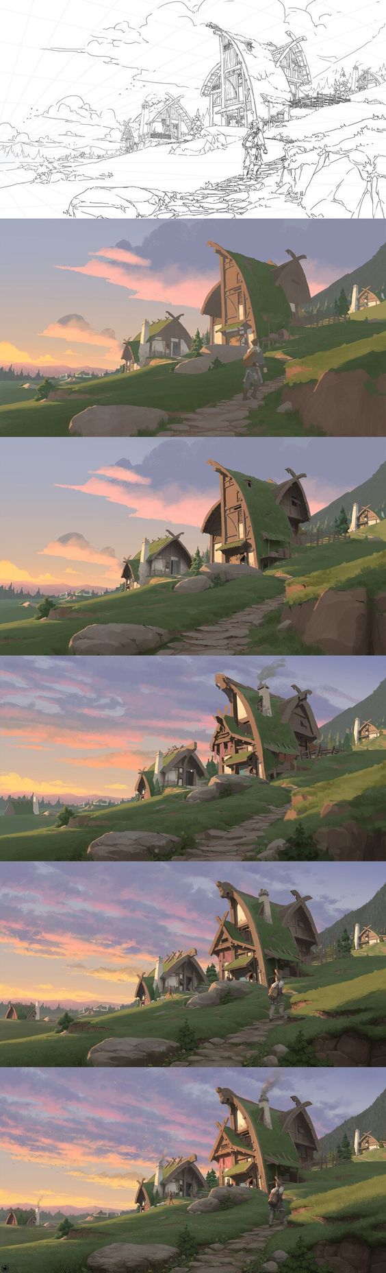 a digital illustration of a mountain village showing the development from rough sketch to a polished render. the scene is lit with warm sunset colors and depicts traditionalstyle homes with curved, thatched roofs nestled along a gently sloped, grassy hillside. in the background, tall, misty mountains rise in the distance.