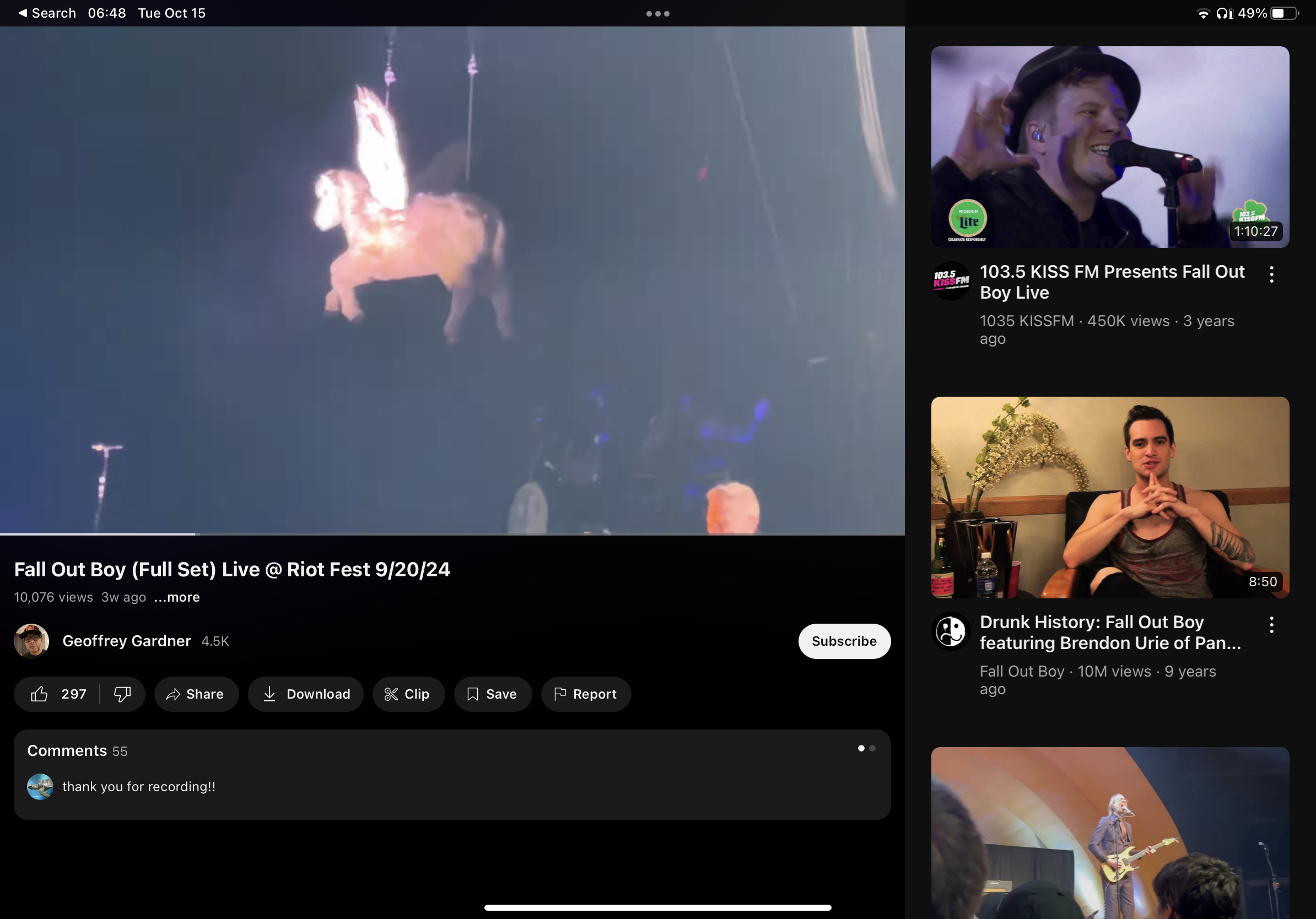 the image is a screenshot of a youtube video. the video is about fall out boy's full set at riot fest on september 20, 2024. the video has over 10,000 views. the image also shows a video about 103.5 kiss fm's presentation of fall out boy live and another video about drunk history featuring brendon urie of panic at the disco. the image also shows a comment from the video's author, geoffrey gardner.