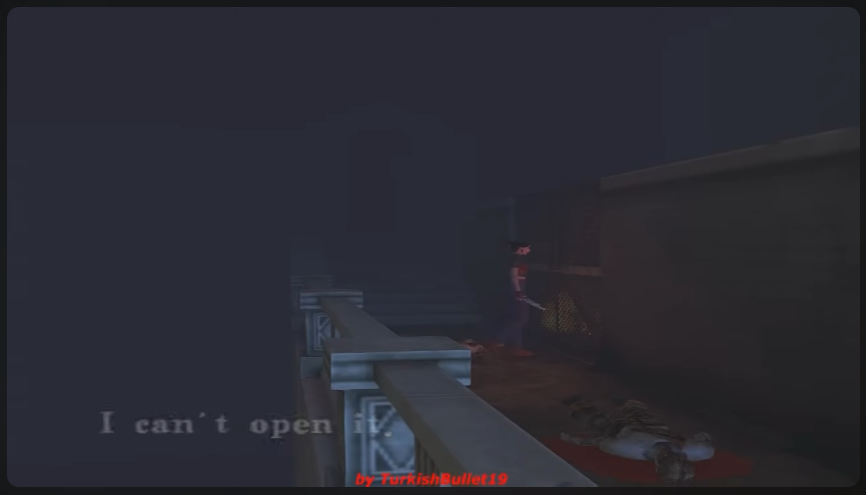a screenshot from a video game showing a man standing on a balcony. the environment is dark and foggy. a body lies on the ground. the text "i can't open it." is displayed on the screen.