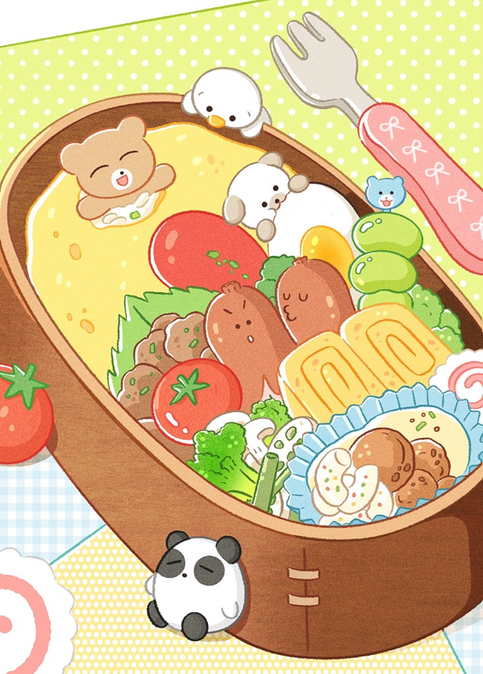 this is a vibrant and cheerful illustration of a kawaiistyle bento box brimming with various japanese foods. the bento features adorable cartoon animal characters nestled among the meal components. the food includes:  rice, tamagoyaki (rolled omelet), sausages with cute faces, tomatoes, broccoli, mushrooms, edamame, and a creamylooking side dish.  the animals include a panda, a bear, a chick, and a small dog. the whole scene is set against a dotted yellow background with a small fork placed near the bento box.  the overall style is playful and designed to appeal to children.