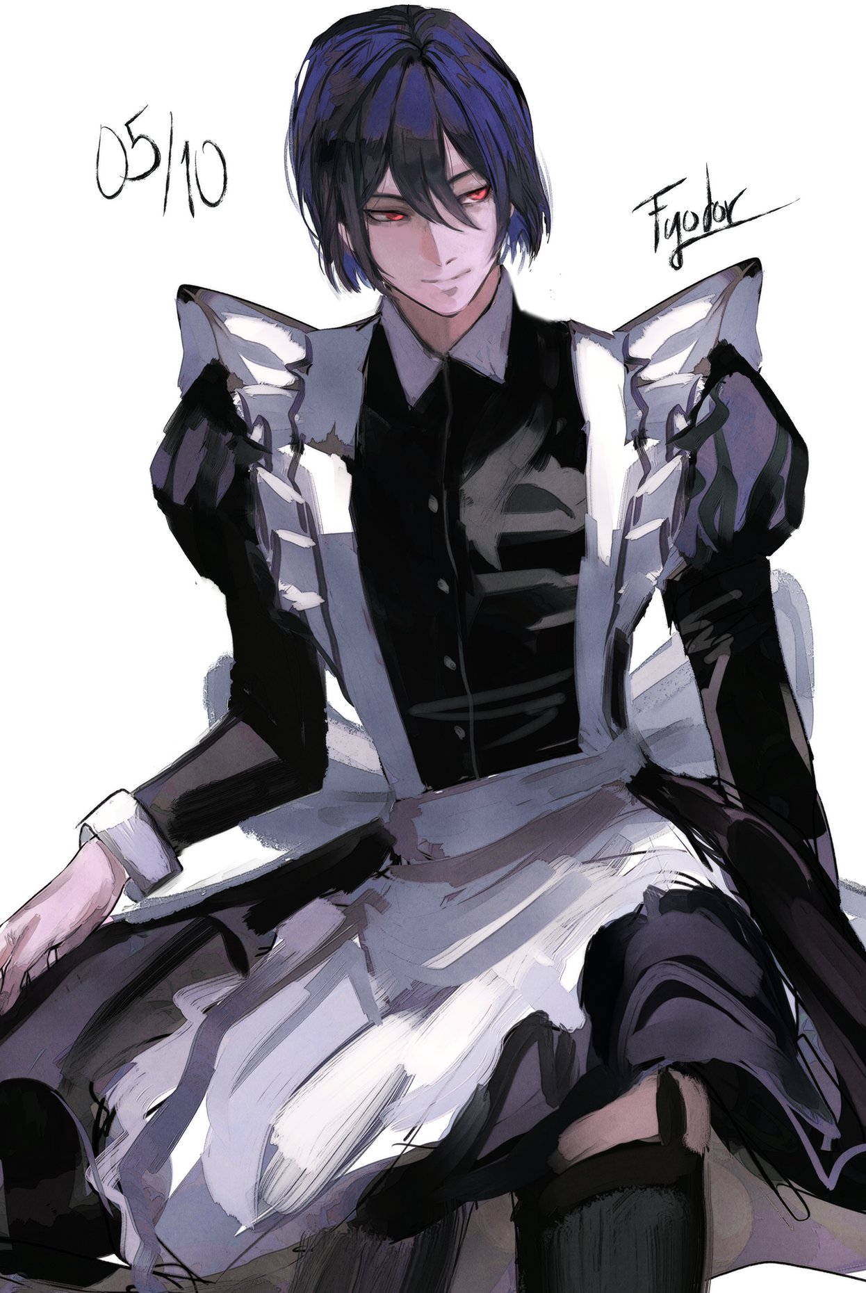 this is a digital illustration of an anime character dressed in a maid outfit. he has blue hair, red eyes, and is sitting down with a serious expression. the background is white. the image is drawn in a style reminiscent of manga and anime, with bold lines and bright colors. the overall tone of the image is serious and elegant.