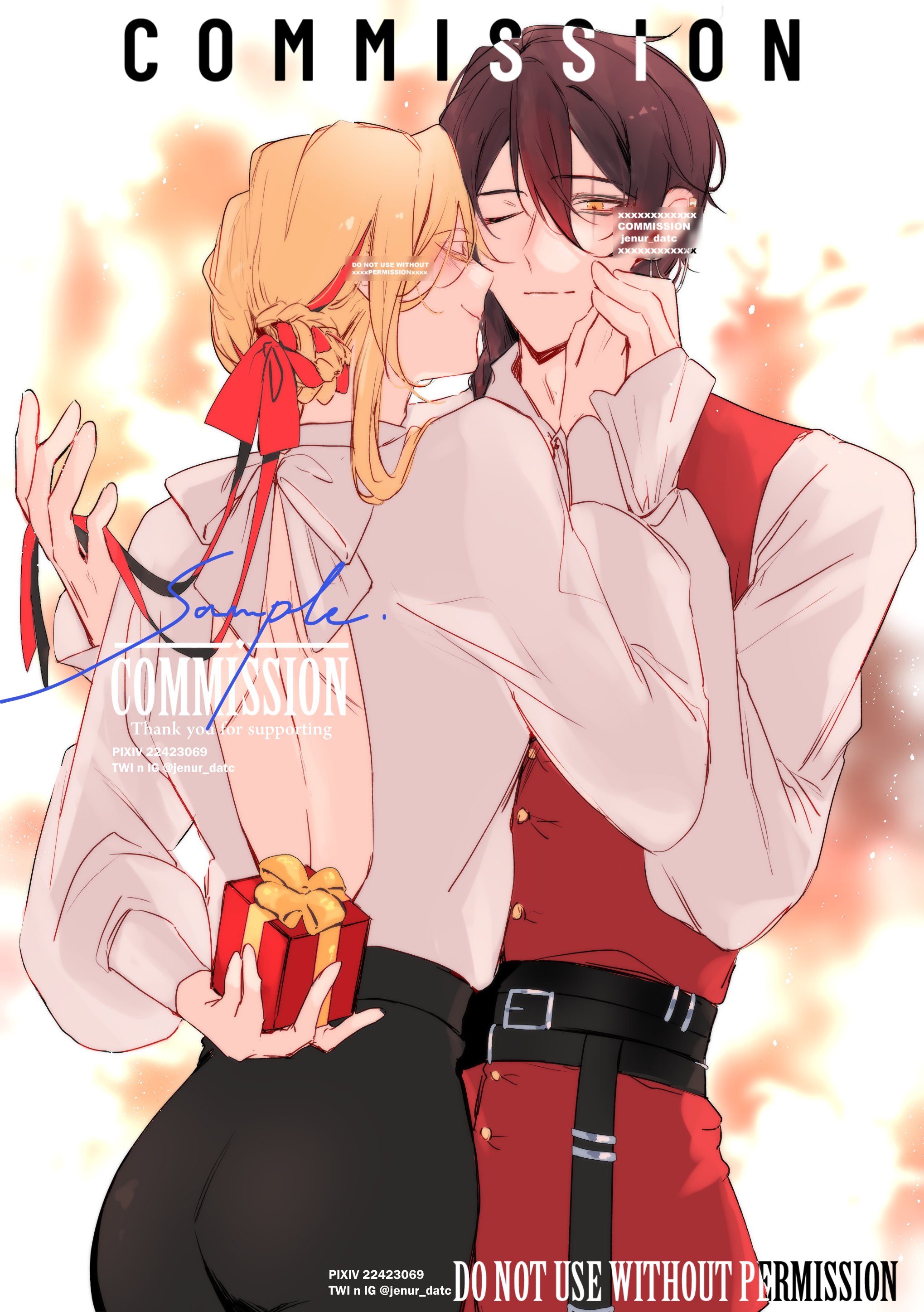 a digital illustration of a couple in an anime style. the male character is wearing a red and white outfit, while the female character is wearing a white and black outfit. they are hugging and kissing each other, and the male character is holding a gift behind the female character's back. the background is a soft, romantic glow. the artwork is labeled as a "commission sample."