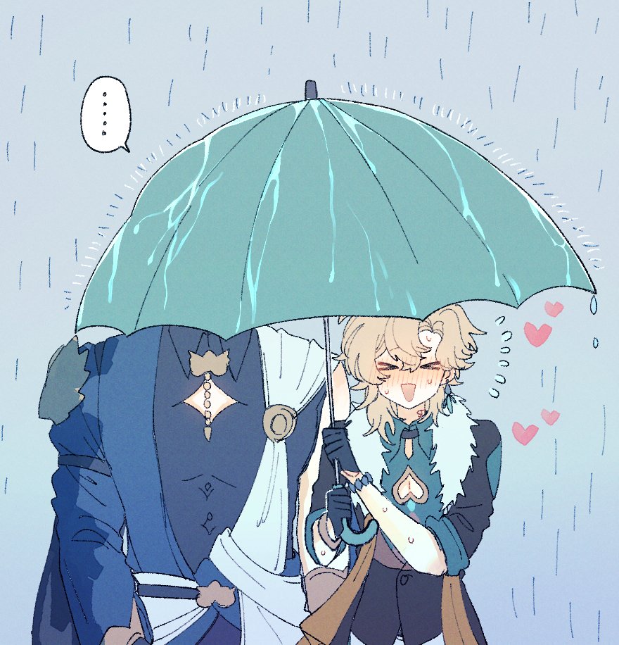 the image is a fanart depicting albedo and xiao from the game genshin impact. they are sharing an umbrella in the rain. xiao is blushing and smiling, while albedo is looking down. the art style is cute and romantic. the background is simple, with rain falling.  the overall tone is lighthearted and sweet.  the image has a soft color palette with light blues and pinks.