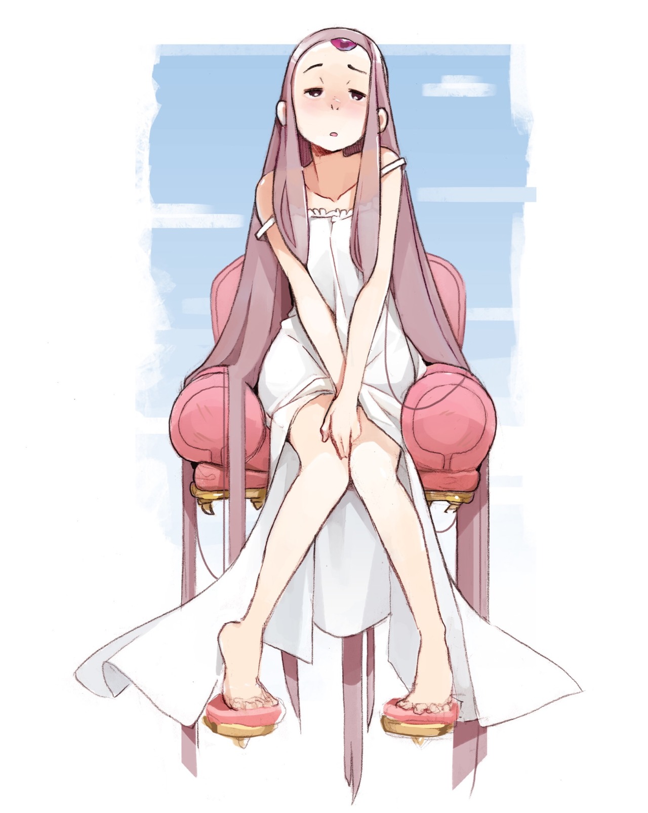 a drawing of an anime girl with floorlength straight hair, wearing a long white dress. she's sitting on a pink chair with an unhappy expression on her face. the background is a gradient blue sky with a few clouds.