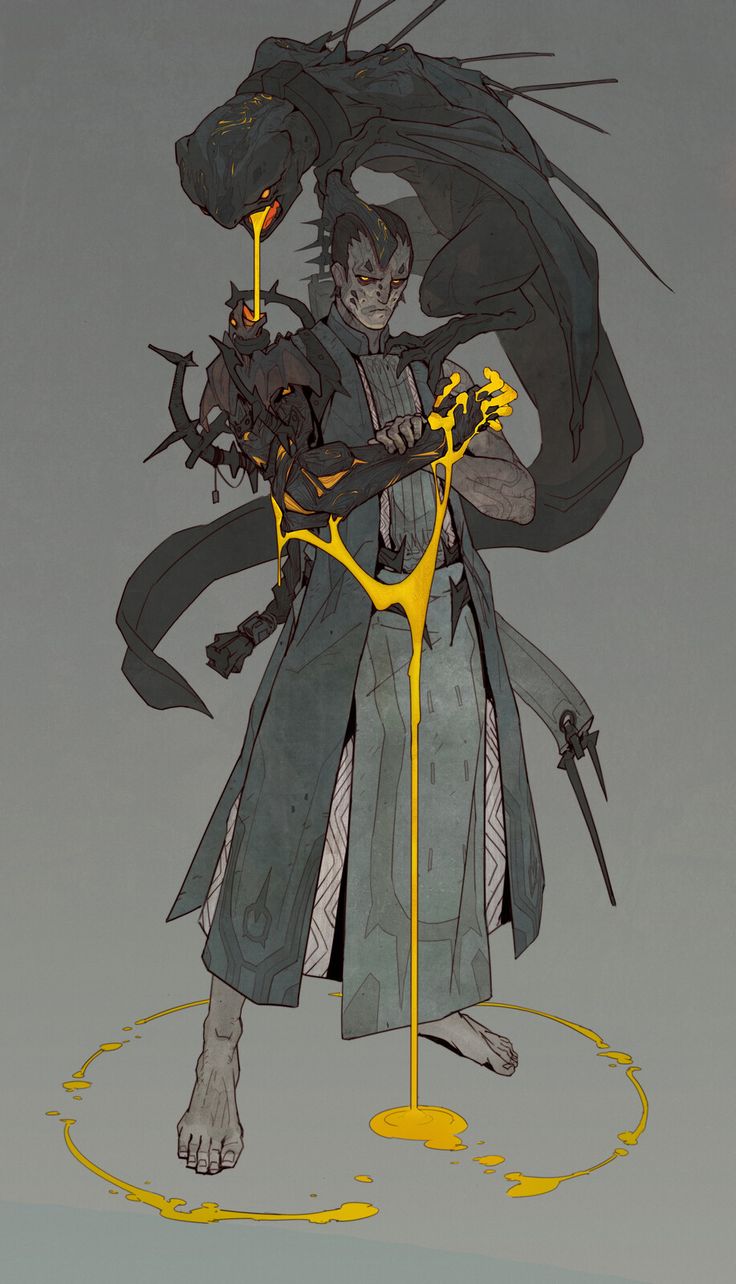 this illustration shows a humanoid creature holding a demon or monster.  they both are dripping with a yellow liquid.  the humanoid's features are similar to a human but with more pronounced horns. the demon is mostly black and appears to have large wings and horns.  they are both standing on a gray background and the yellow liquid forms a circle around them.