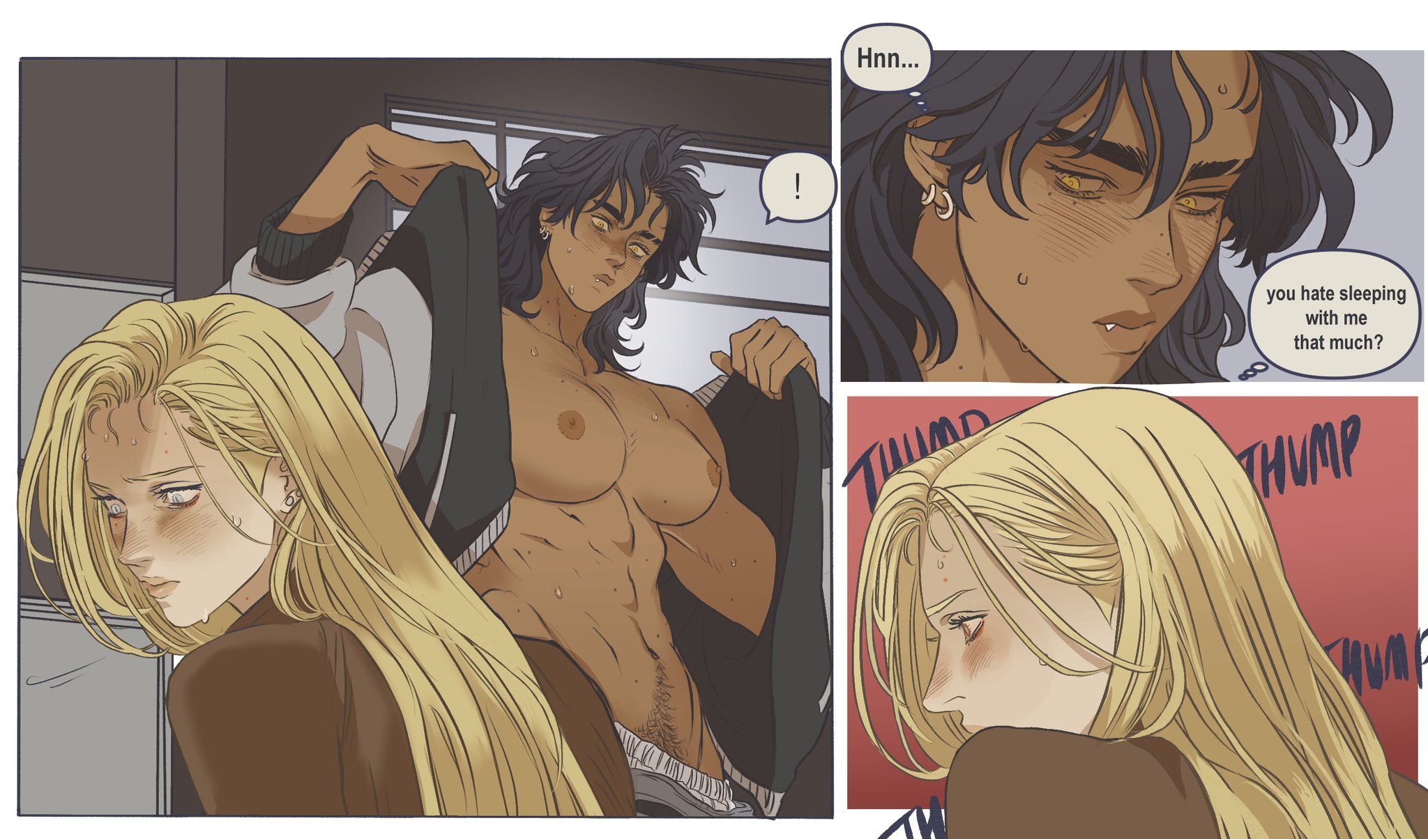 this image shows a comic strip featuring a lightskinned woman with blonde hair and a darkskinned man with black hair and a bare torso. the woman looks worried and is sweating while the man is removing his jacket. the man has fangs, piercings and is shirtless. the comic strip also includes thought and speech bubbles, one showing a man asking if she hates sleeping with him. there is also a panel with "thump" written repeatedly behind the woman's head.