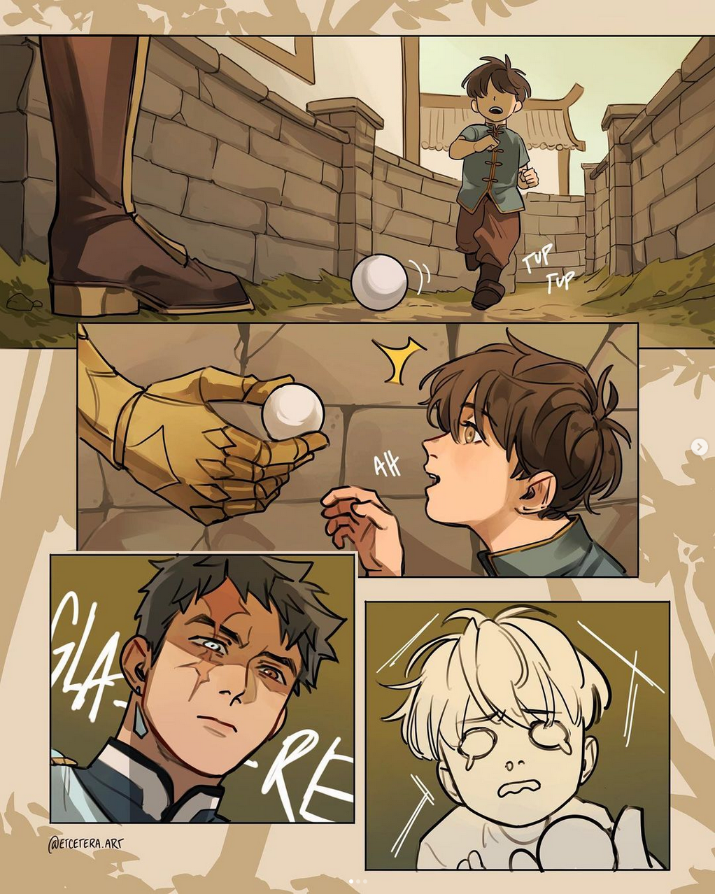the image shows a comic strip with three panels. panel 1: a small child in green runs towards a white ball on the ground, his back to the viewer. the bottom of the legs and a hand of a much larger person wearing ornate gold armor are visible in the foreground, suggesting a significant size difference. panel 2: the perspective shifts to behind the child, who is reaching up towards the white ball now held in the armored hand. the child's expression is one of awe and excitement.panel 3: this panel is split in two. on the left, a closeup of the armored individual's face reveals a stern, scarred visage. his expression and the word "glare" emphasize his anger. on the right, a second, smaller child with white hair is shown crying in fear, likely reacting to the armored man's anger.