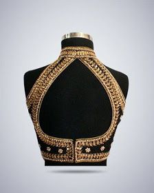 a back view of a black blouse with gold embroidery displayed on a mannequin. the blouse features a high neck and a backless design with gold beaded embellishments.