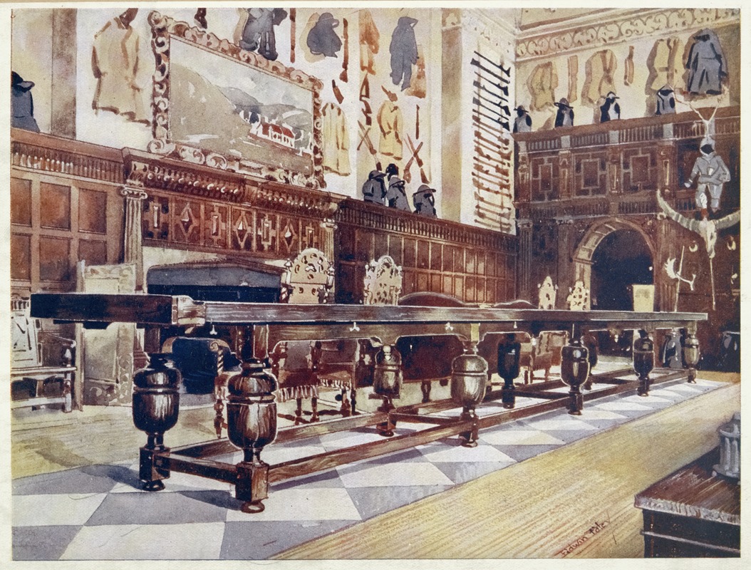 watercolor painting depicting the interior of a great hall. a long wooden dining table dominates the foreground, with decorative legs. the floor is checkered. at the back is a fireplace with a painting above it and wood paneling on the walls. a gallery displays armor and weapons. chairs line the sides of the table. the style is antique and historic.