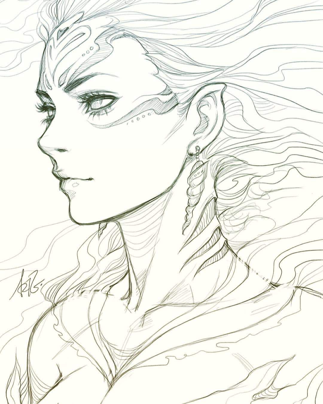 the image is a black and white sketch of a female elf from the shoulders up. her hair is long and flowing in the wind. she has pointed ears and gills on her neck. she is wearing a single earring that looks like a spiral shell.  she has a serious expression. the image is from the shoulders up and shows the woman in profile.  the sketch is done in a style that is both realistic and whimsical.