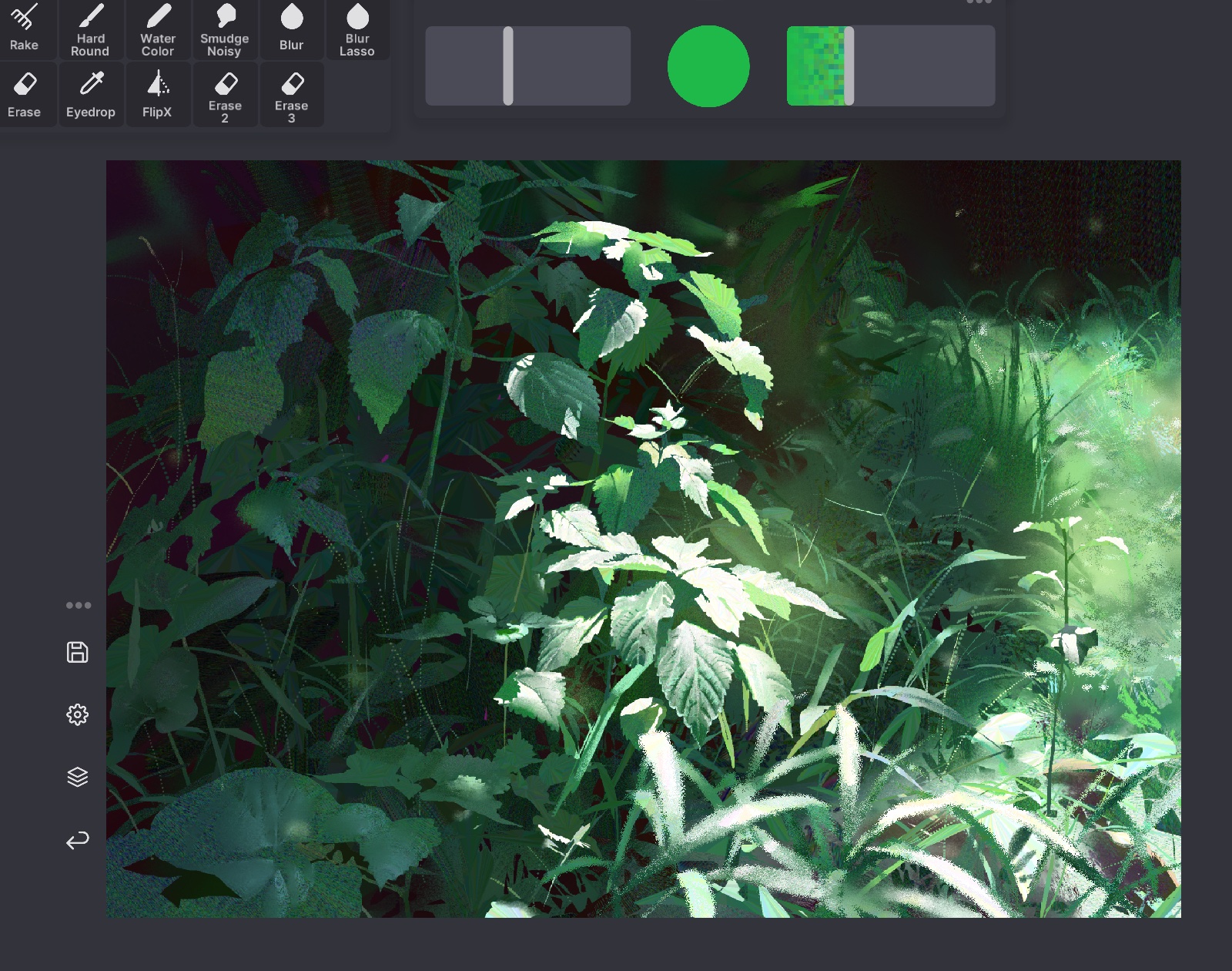 the image shows a digital painting of plants and leaves, illuminated by sunlight. the painting interface with tools like "rake," "hard round," "water color," "smudge noisy," "blur," "blur lasso," "erase," "eyedrop," and "flipx" is visible at the top.