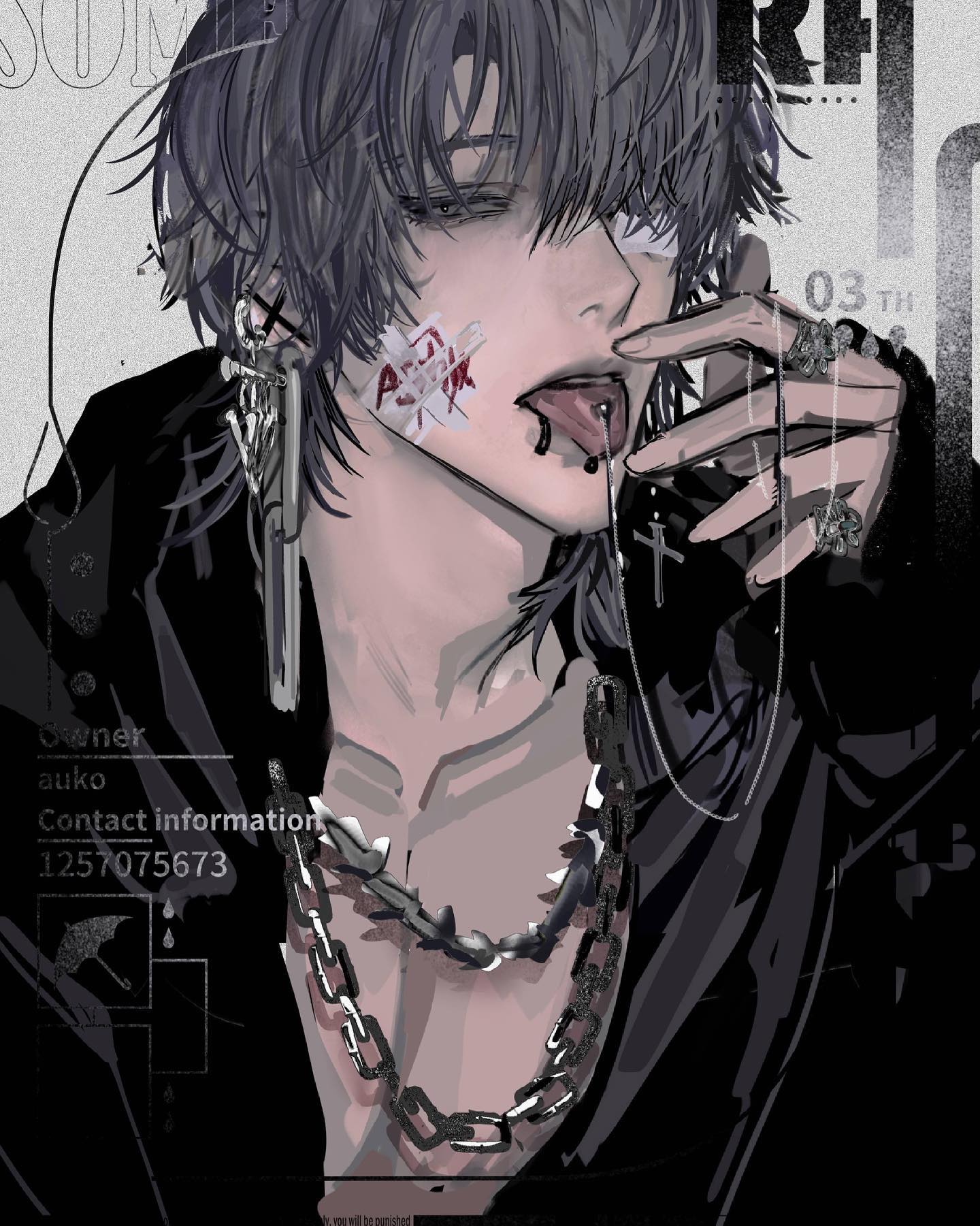 this is a stylized portrait of a young man with an emo aesthetic. he has dark gray hair, multiple piercings, and wears heavy chains around his neck. there's a bandage on his cheek with a visible bloody wound. he is licking his lips with his tongue sticking out, creating a slightly provocative image. the background is a collage of textures and typographic elements in black and white, adding to the edgy and grunge aesthetic of the illustration.