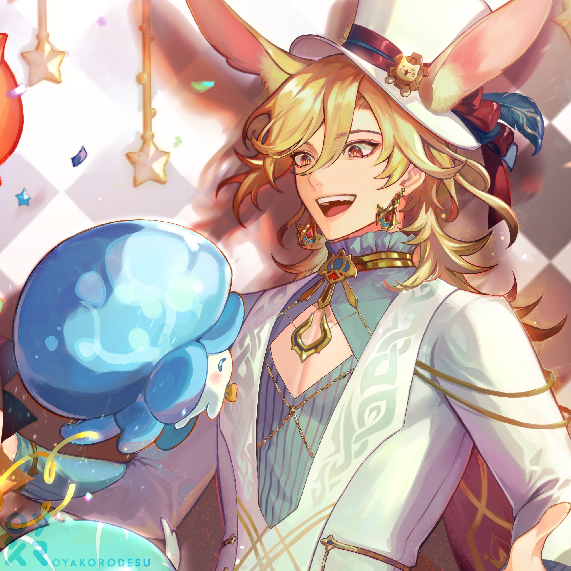 this is an animestyle illustration of a smiling male character with blond hair and blue eyes. he is wearing a white suit with gold jewelry, a hat with bunny ears, and a blue ruffled collar. he is holding a blue, cartoonlike creature in his left hand.
