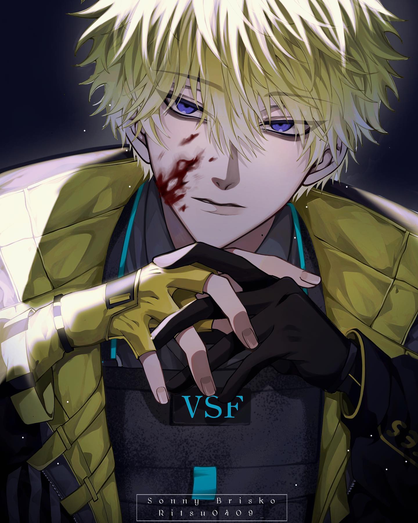 a closeup portrait of an anime boy with blonde hair, blood on his face, and blue eyes. he's wearing a yellow and black tactical outfit with gloves. the background is dark and the image is shaded and dark.  the text "vsf" and the artist's name "sonny brisko, ritsu0a09" are on the image.