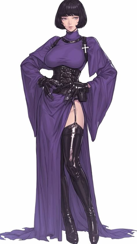 a beautiful anime girl with black hair, dressed in a long purple robe and black leather boots, stands against a white background. she wears a black leather corset and has a cross pendant around her neck.  her face is slightly stern, and her hands are clasped in front of her. she looks like a nun or priestess.