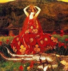 a painting depicting a woman in a red dress standing on a grassy knoll with flowers around her. a knight's armor is at her feet, and he is lying in the grass with his head resting on the ground. the painting is likely a depiction of a scene from arthurian legend or a medieval romance. the woman is possibly a queen or a princess, while the knight may be a valiant warrior or a noble knight. the painting is painted in a style reminiscent of the preraphaelite brotherhood, with its focus on detail and its use of bright colors.