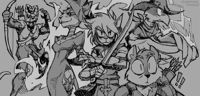 the image showcases a dynamic pencil sketch of six anthropomorphic animal characters, likely warriors or adventurers, engaged in battle. each character exudes personality through exaggerated features and poses.  their weapons vary from swords and shields to bows and arrows, implying a diverse skillset. the artist employs a dramatic lighting style, with bold lines and hatching to create depth and movement. the overall aesthetic leans towards a stylized, energetic cartoon or comic book style.