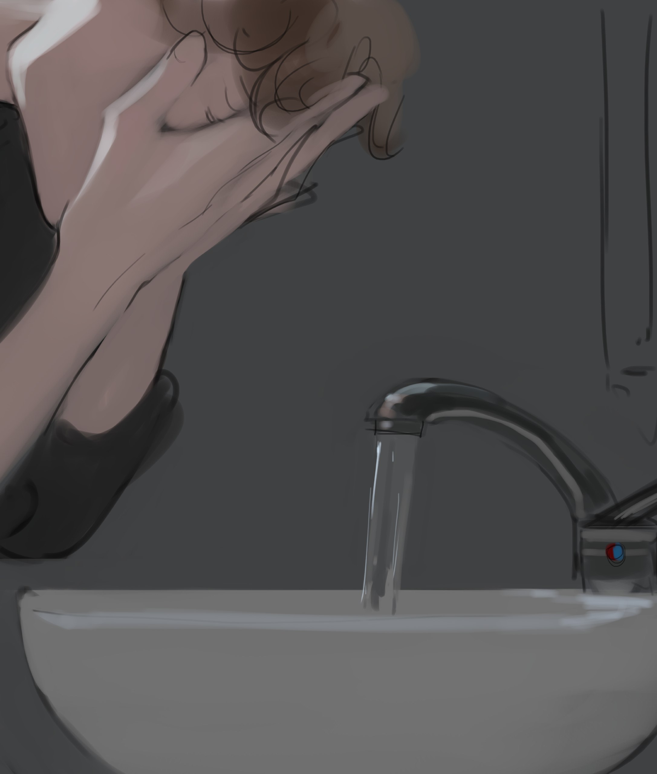 the image shows a person washing their face in a bathroom sink. the focus is on the hands and the running water, with the rest of the scene rendered in soft, muted tones. the lighting is soft and diffused, creating a sense of calm and quiet. the overall mood is one of solitude and selfreflection.