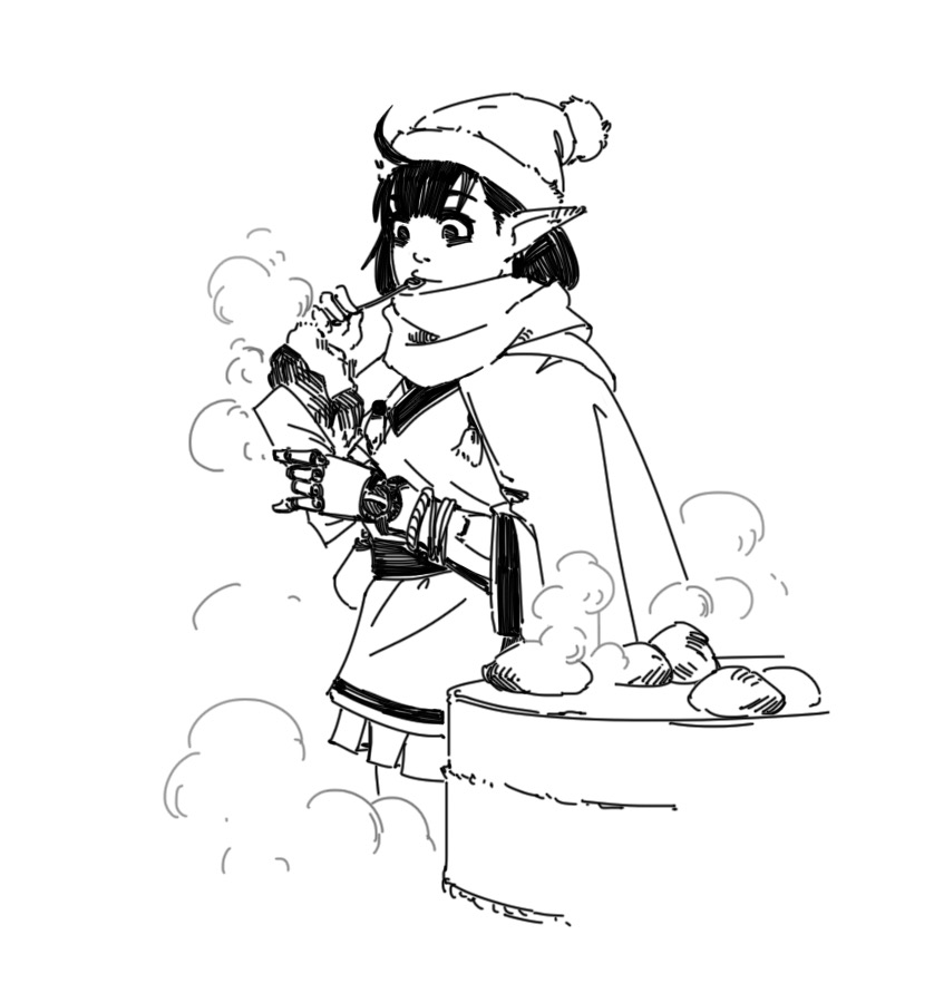 a black and white sketch of an elf girl wearing a winter hat and scarf, eating something warm from a small container while standing near a steaming pot of food.  the style is reminiscent of anime or manga.  the illustration is done in a loose, expressive style with visible brushstrokes. the overall feeling is one of warmth and coziness in a cold winter setting.