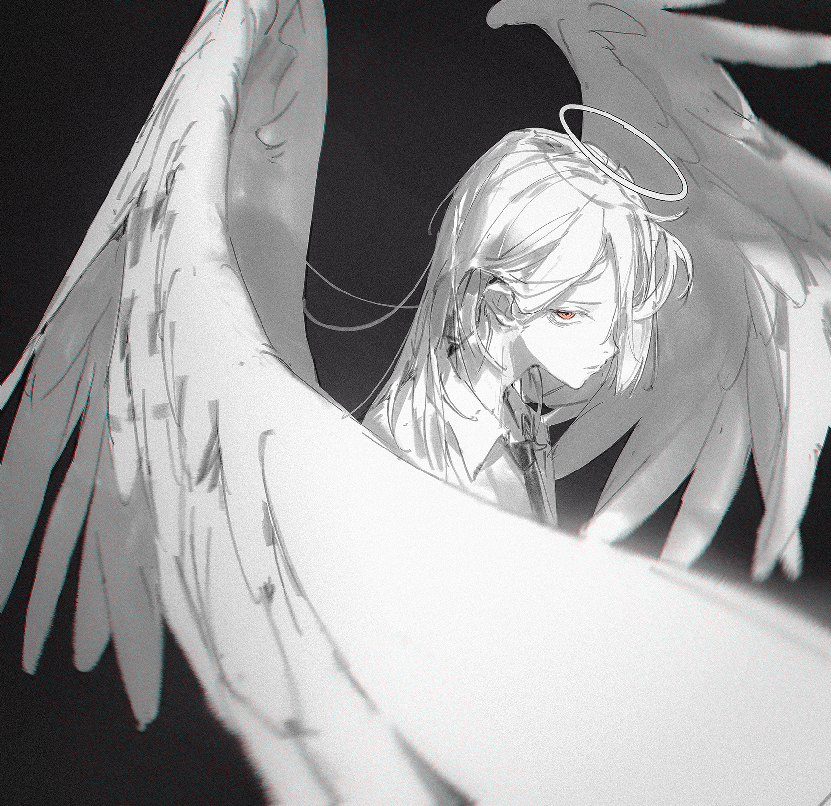 a digital drawing of an angel with large white wings. the angel is a young woman with long white hair, a halo over her head and one red eye. the drawing is in monochrome with a dark background.