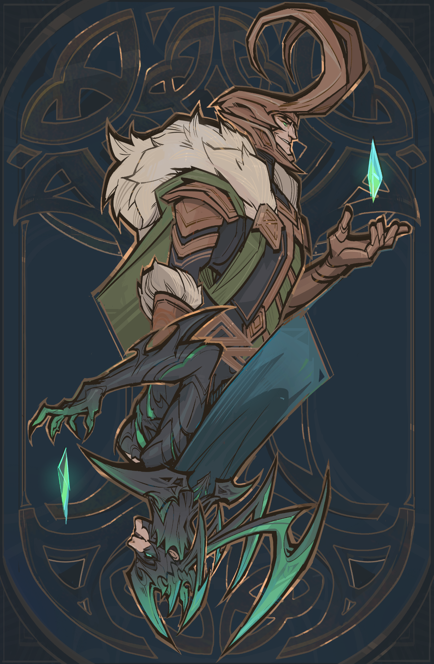 the image features a stylized digital illustration of loki, the norse god of mischief, presented in a symmetrical composition. the upper half depicts loki in his classic form, wearing a horned helmet, a furlined collar, a green and brown outfit, and a cape. he holds a glowing emerald in his hand. the lower half reflects a darker, monstrous version of loki, with sharp features and a menacing expression. this duality emphasizes loki's nature as a shapeshifter and trickster. the background consists of intricate celticinspired knotwork, adding to the mystical atmosphere.