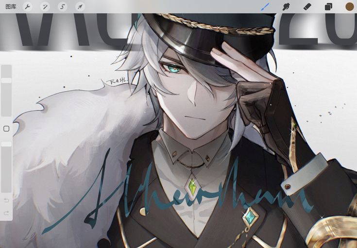 the image is a digital fanart of a male anime character. the character has long, silver hair, and is wearing a dark militarystyle uniform with gold accents, including a peaked cap and gloves.  his expression is serious, and his pose is one of slight formality, perhaps saluting. the artwork features detailed rendering of the clothing, hair, and facial features. a signature is visible on the shoulder area, and the background is a simple gray. the style suggests a mature and sophisticated character. the image appears to be created using digital painting software, given the visible tools on the top bar.