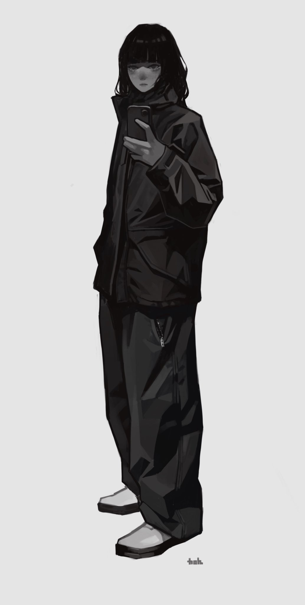the image is a digital illustration of a stylish anime girl.  she's drawn in a monochrome palette of black and white grays, giving a minimalist and somewhat moody feel. the girl is wearing a darkcolored, oversized jacket, matching pants, and sneakers. she's holding a phone in her hand, and her overall pose and attire suggest a cool and fashionable style. the art style is simple but effective, with a focus on clean lines and shading to create depth and form. the background is plain, allowing the figure to stand out.