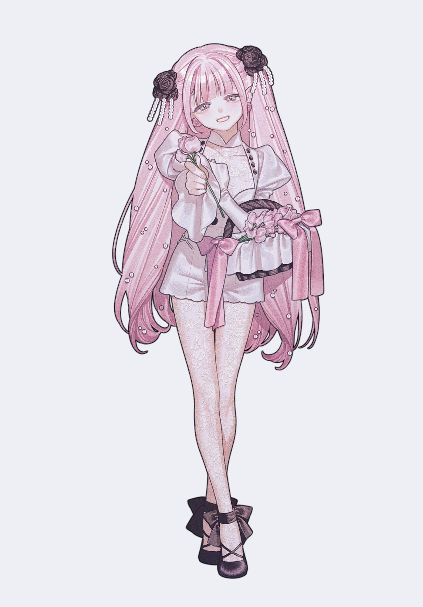 he image is an illustration of a young anime girl with long, flowing pink hair adorned with black flower hair clips and pearl accents. she's dressed in a white lace dress with pink accents, and she's carrying a basket of pink flowers. she's smiling gently, and her overall appearance is delicate and elegant. the art style is soft and pastel, with a dreamy, whimsical feel.  she's wearing dark, elegant shoes with bows. the background is a simple light gray.