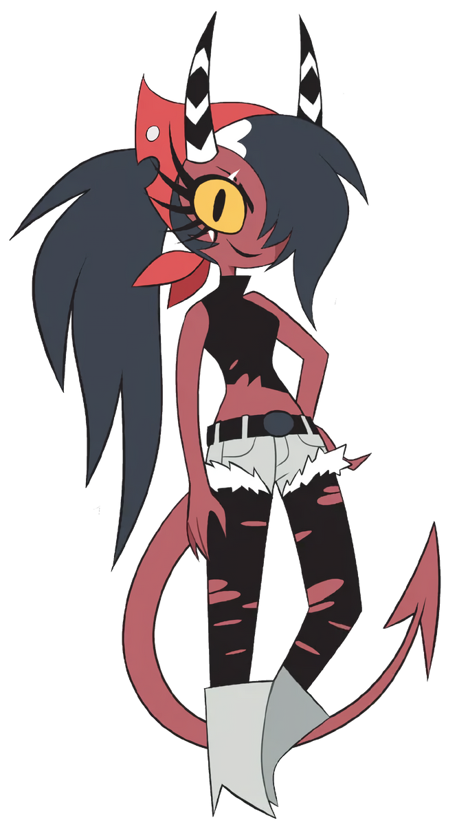 the image features a fullbody illustration of millie from the animated series helluva boss. millie is depicted as a female imp with red skin, one large yellow eye, and black hair styled with a side ponytail. she has two black and white striped horns and a long, pointed tail. her outfit includes a black top, white ripped denim shorts with a black belt, and gray boots. she is standing in a confident pose with one hand on her hip. the background is solid black.