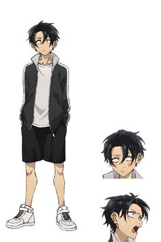 this is the character design sheet of a young man with three different facial expressions. he has short black hair and is wearing a black jacket, white shirt, black shorts, and white sneakers.