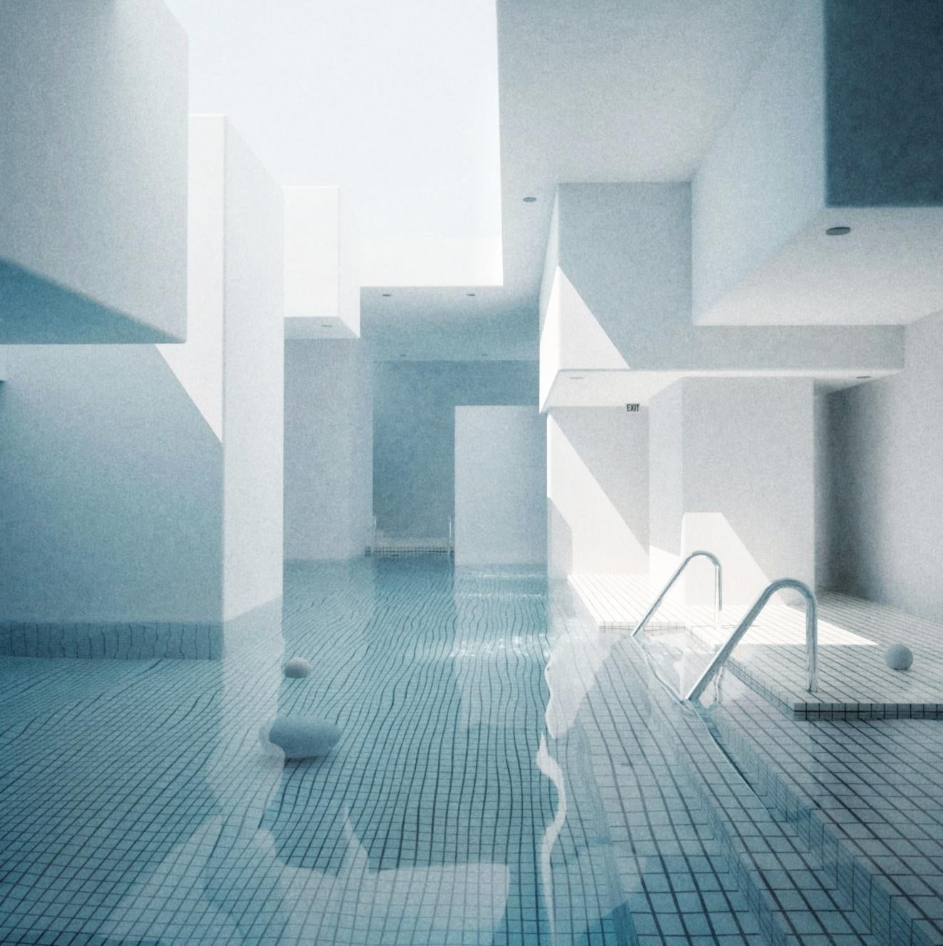 the image depicts a modern indoor swimming pool with sleek, minimalist architecture. the walls and ceiling are stark white, creating a clean and airy atmosphere. the pool water is clear and inviting, reflecting the surrounding structures and creating a sense of depth. the pool itself features a tiled surface with geometric patterns. there are steps leading into the water, as well as a railing providing a safe handhold. the overall ambiance is one of tranquility and luxury, perfect for relaxation and rejuvenation.