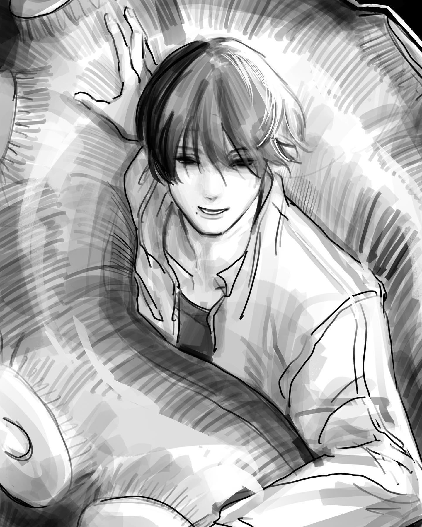 a black and white line art drawing of a young anime boy, smiling, with his arm around what appears to be a large, shadowy form. the boy is wearing a jacket and a black undershirt. he is drawn in a casual, happy pose. the background is slightly faded and blurred, but appears to be a dark, shadowy figure. the drawing has a sketchy style, with emphasis on the boy's facial expression and the contrast of light and shadow.