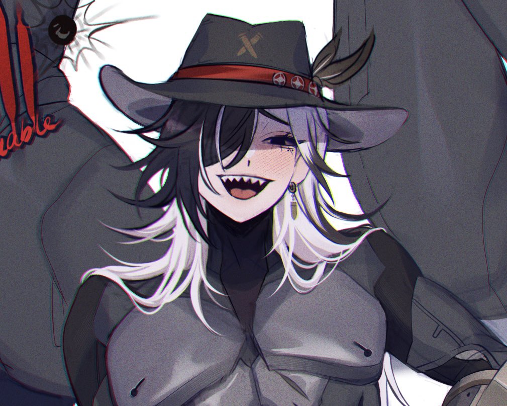 this is a digital drawing of a man with white hair wearing a cowboy hat and a toothy grin. he is wearing a grey and black armored outfit. his eyes are hidden behind his black hair, and his face is blushing.