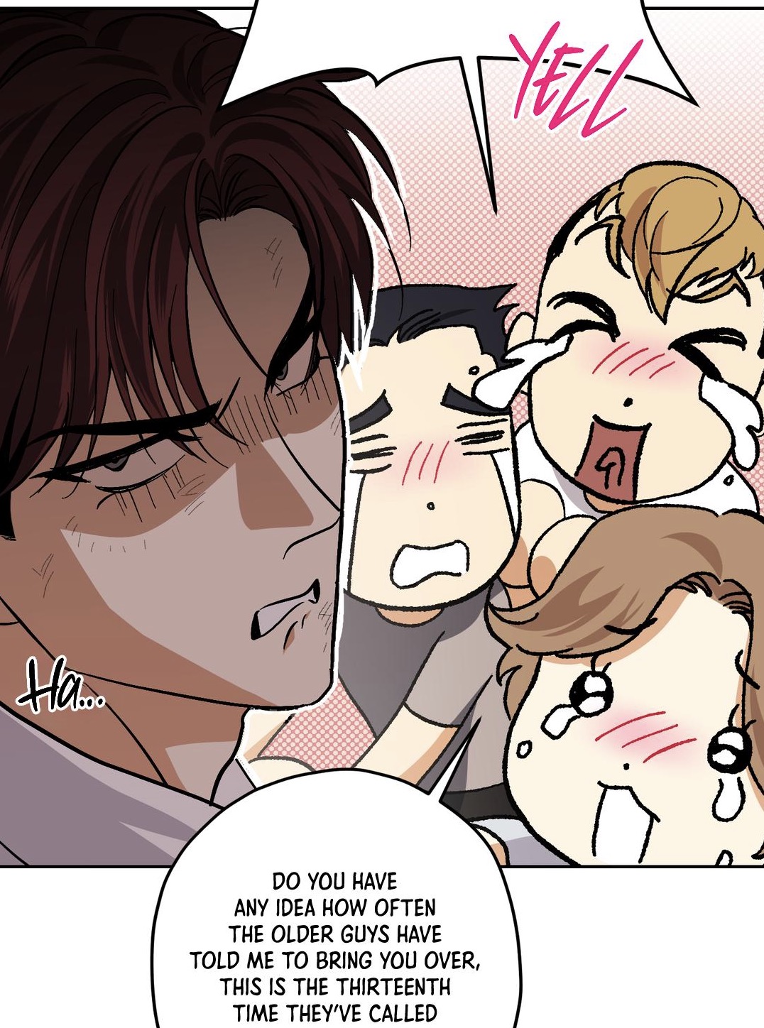 he image is a comic panel featuring a closeup of an angry man with dark hair and a sharp jawline. he is expressing annoyance and irritation.  in the background, there are several chibistyle depictions of younger men, all crying and appearing overwhelmed.  a speech bubble containing dialogue shows the man explaining that this is the thirteenth time he's been asked to bring the younger men over by older individuals. the overall style is a blend of realistic and cartoonish, with dramatic lighting and exaggerated expressions.
