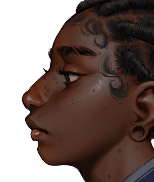 a digital portrait of a black woman with a close up view of her face. her hair is styled in braids with swirls in her hair. the lighting is on her face, making her skin glow. she is facing to the side. the image is of a digital illustration.