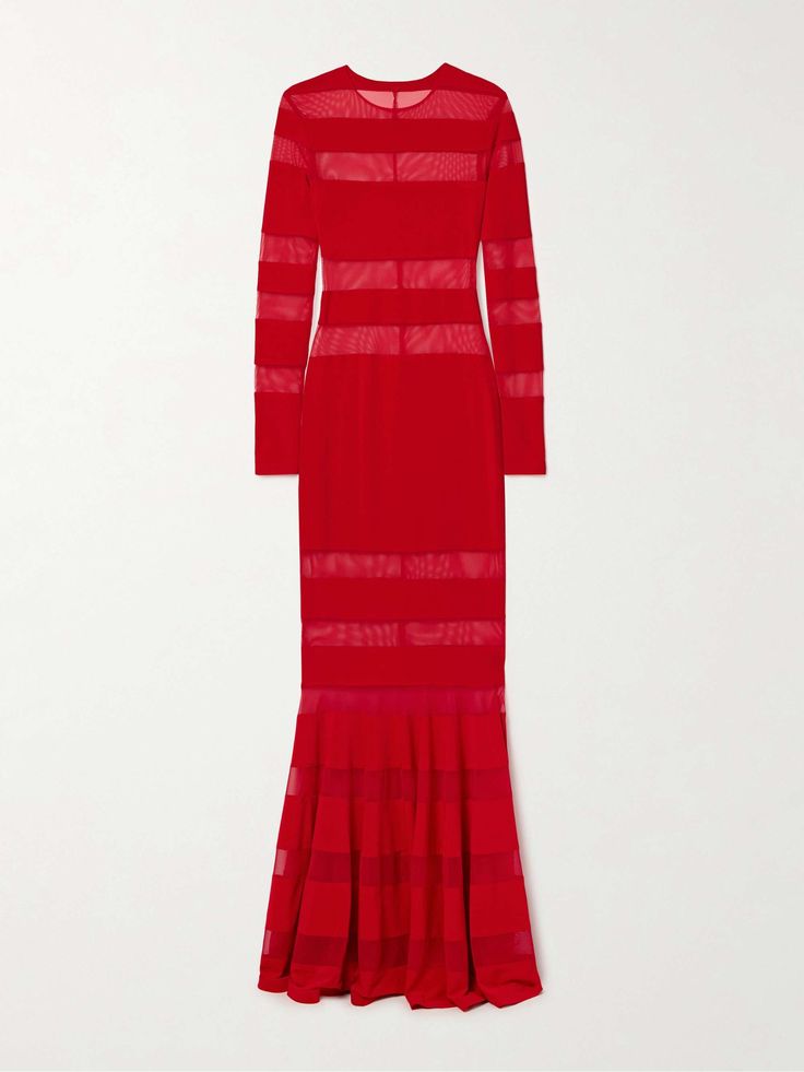 a red longsleeved maxi dress with mesh stripes. the dress is fitted and has a formal look. it appears to be made of a soft, stretchy material.